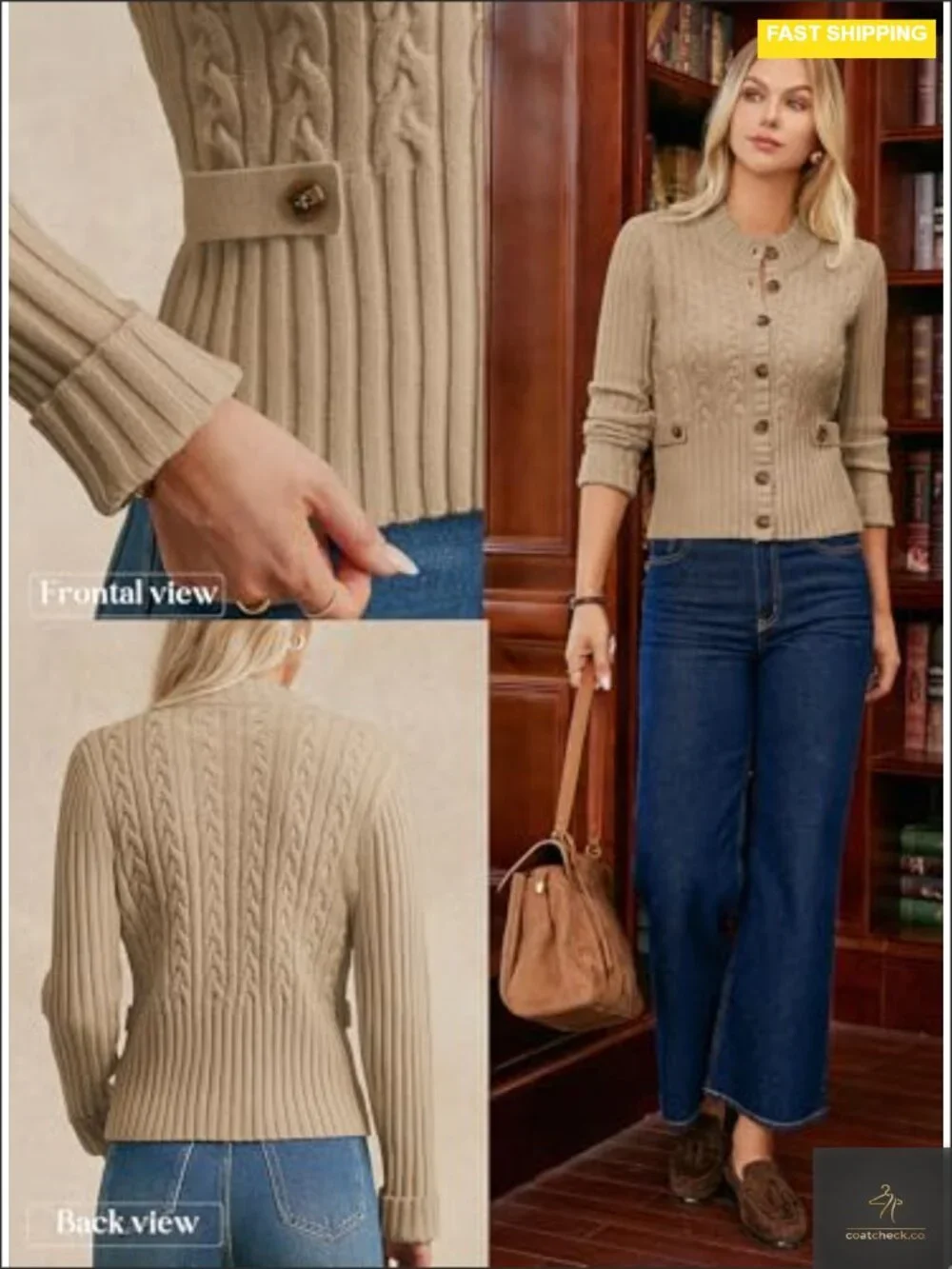 Button Up Cable Knit Cropped Cardigan Sweater Chunky Winter Cardigan
